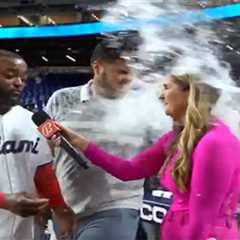 Marlins’ Jazz Chisholm soaks Bally Sports’ Jessica Blaylock with water-cooler dump after walk-off..