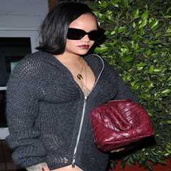 Rihanna’s Giorgio Baldi Acne Studios Gray Knit Maxi Zip Cardigan, a Red Bottega Veneta Clutch, and..