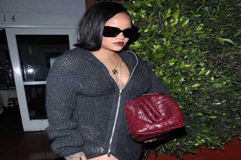 Rihanna’s Giorgio Baldi Acne Studios Gray Knit Maxi Zip Cardigan, a Red Bottega Veneta Clutch, and..