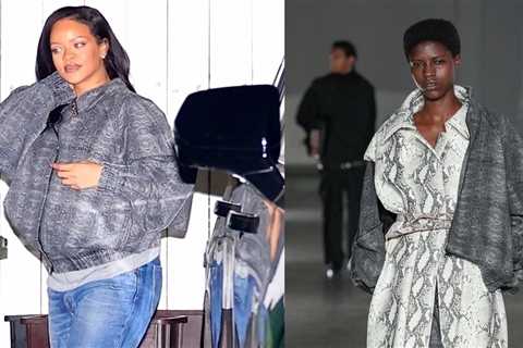 Rihanna Dines at Giorgio Baldi in Luther Snake Print Jacket, Celine Jeans, and Amina Muaddi Heels