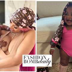 Cardi B Debuts Daughter Blossom in a Pink and Tan Louis Vuitton X Takashi Murakami Cherry Blossom..