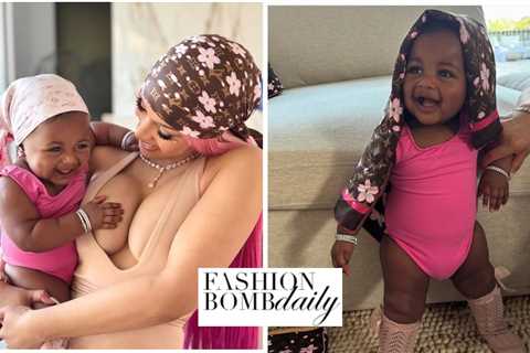 Cardi B Debuts Daughter Blossom in a Pink and Tan Louis Vuitton X Takashi Murakami Cherry Blossom..