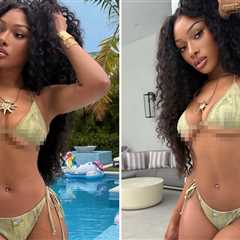Megan Thee Stallion Flaunts Major Underboob in Green Bikini