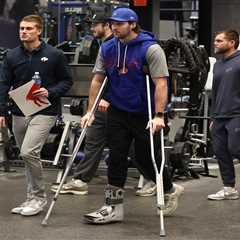 Josh Allen injury revealed as he arrives to Bills’ Joe Brady press conference on crutches