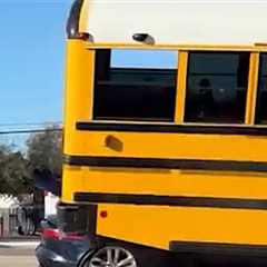 Jaguar Driver Crashes Into School Bus on Video, Later Arrested for DV at Home