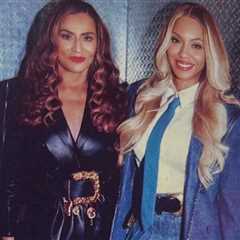 Beyonce in Blue Denim Romeo Hunte with Tina Knowles at the Super Bowl