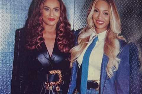 Beyonce in Blue Denim Romeo Hunte with Tina Knowles at the Super Bowl