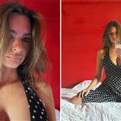 Emily Ratajkowski Flashes Massive Cleavage in Red Room