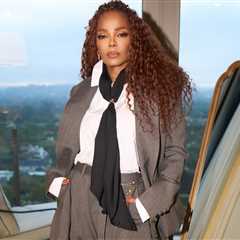 Janet Jackson Wore a Gray Tailored Sacai Suit with Mixed Fabric Detailing to the Grammy Hall of..